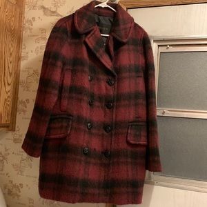 Coach plaid long pea coat in the color dark cranberry. Never Worn